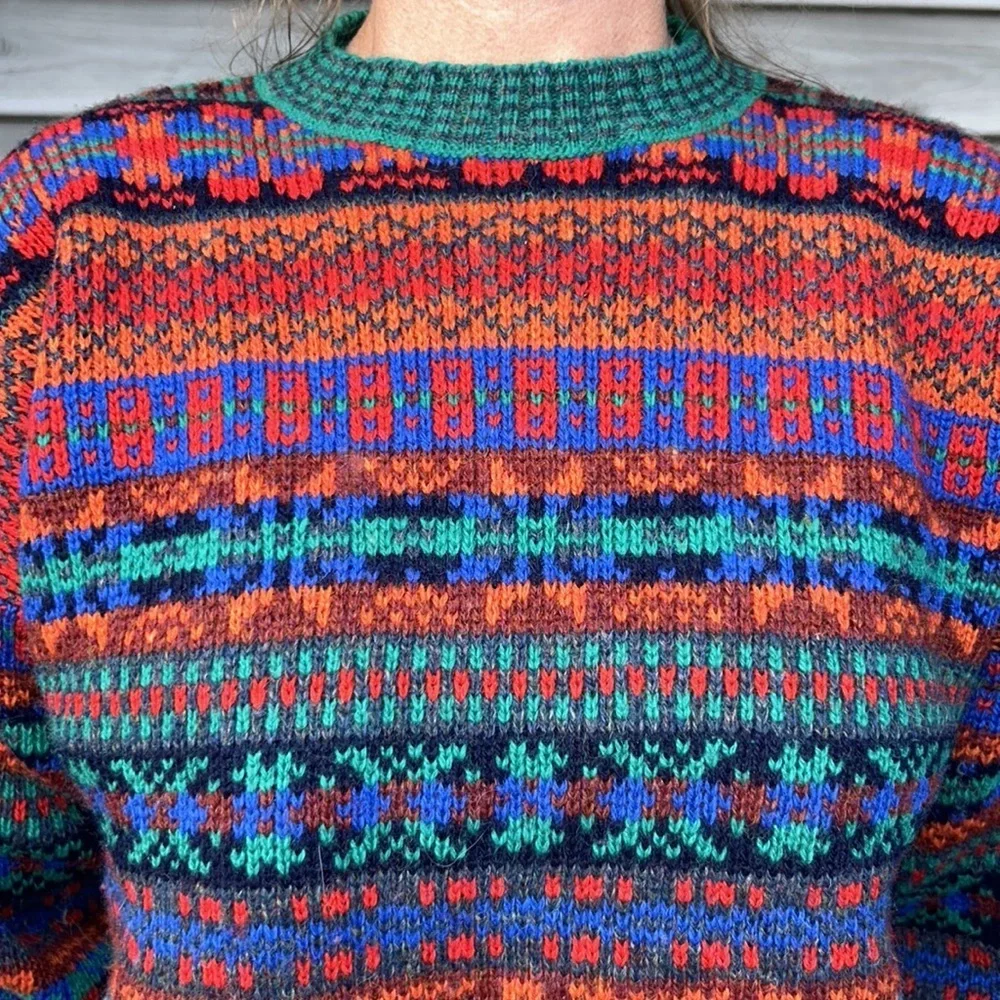 Vintage‎ Wendy Lawrence Welsh Wool Sweater Hand Knit Bright Colors Fair Isle S-L